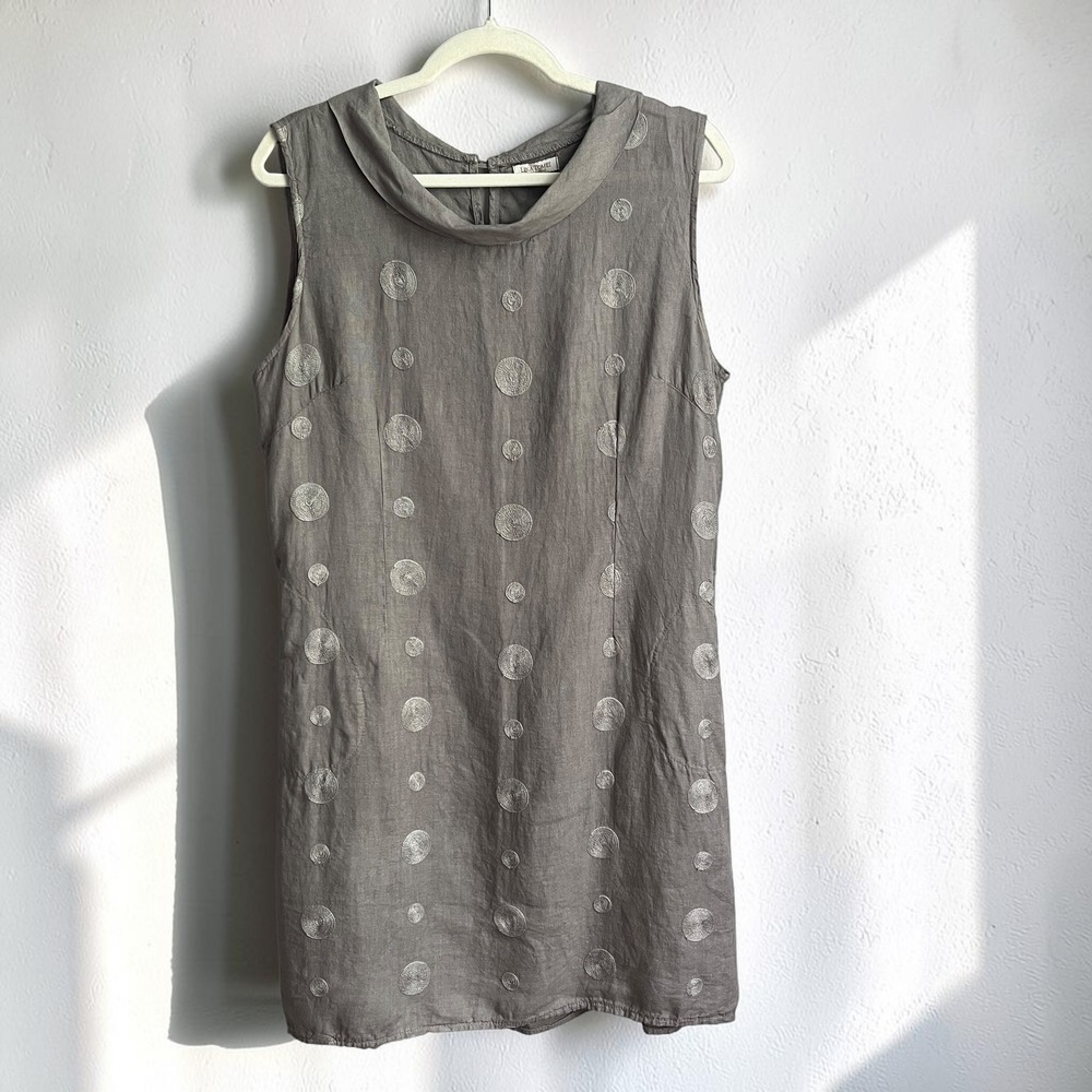 Lina Tomei Dress Women's Large 100% Linen Gray Shift Lightweight Neutral Classic